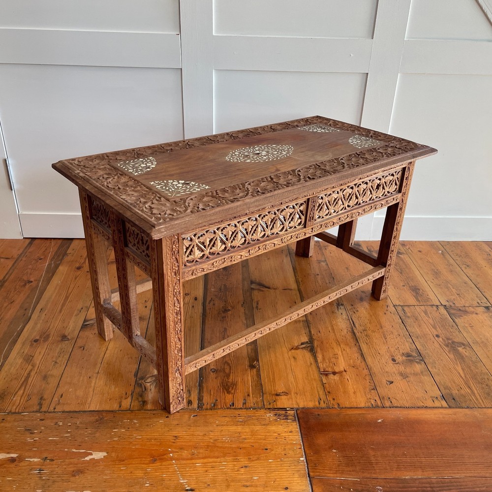 Indian Carved Folding Table Rectangular Coffee Table Inlaid Floral Pattern