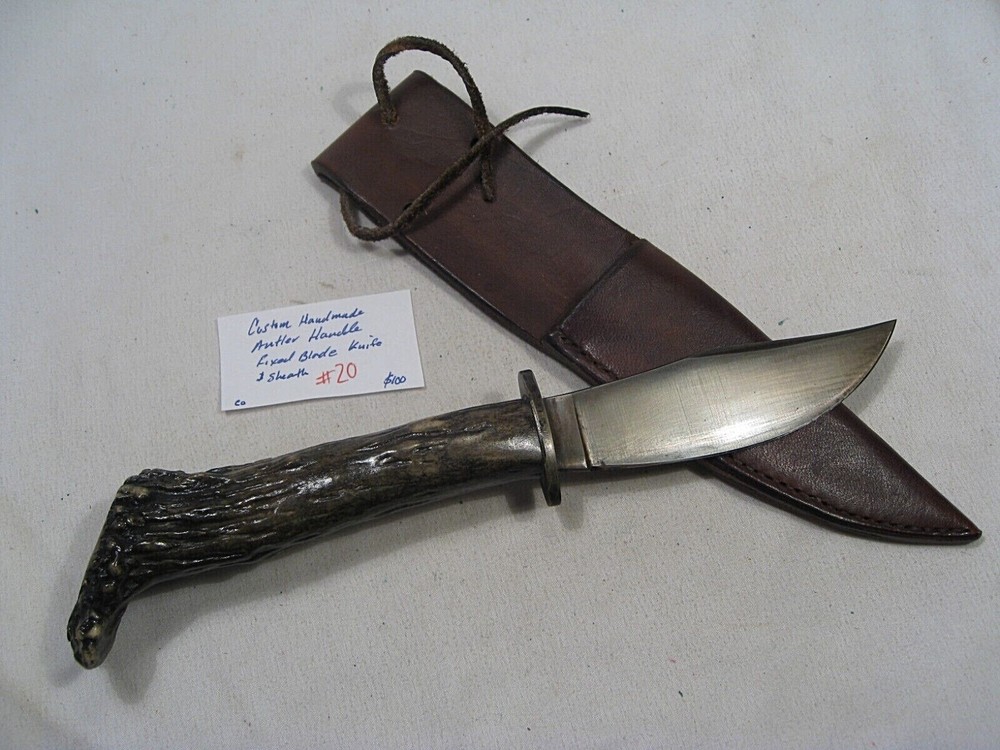 Custom Handmade Antler Handle Fixed Blade Knife w/ Sheath.  #20