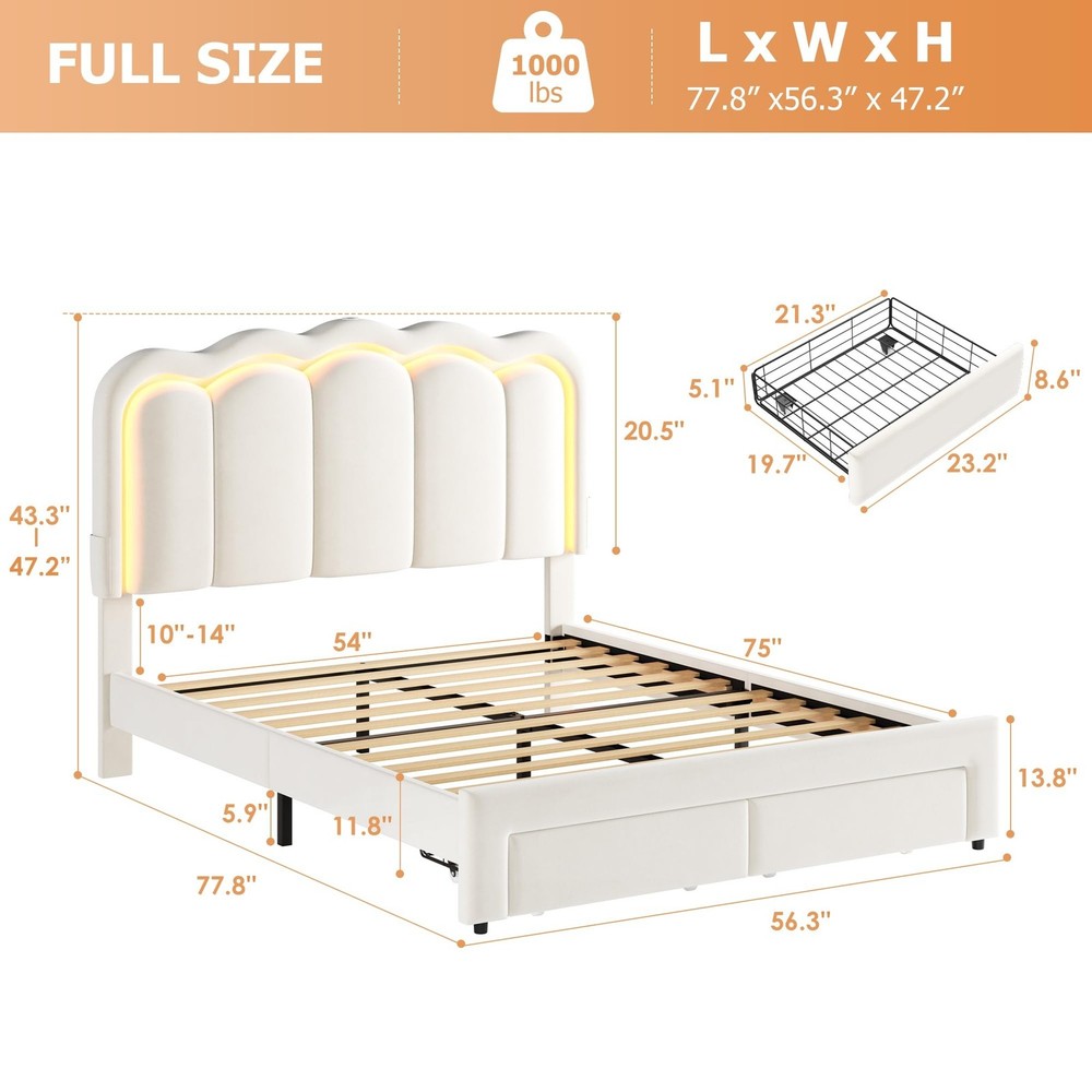 Full Upholstered LED Bed Frame with 2 Storage Drawers and Adjustable Chic Dou...