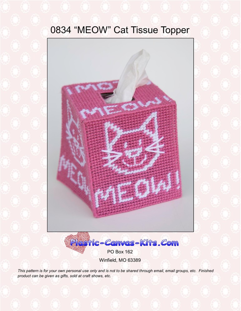 MEOW Kitty Cat Tissue Topper-Plastic Canvas Pattern or Kit