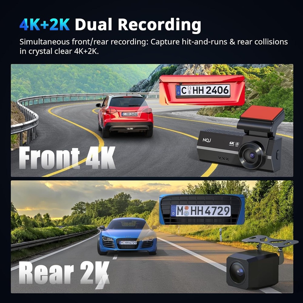 High-Resolution 4K Front & 2K Rear Dash Cam with G-Sensor & WiFi Technology
