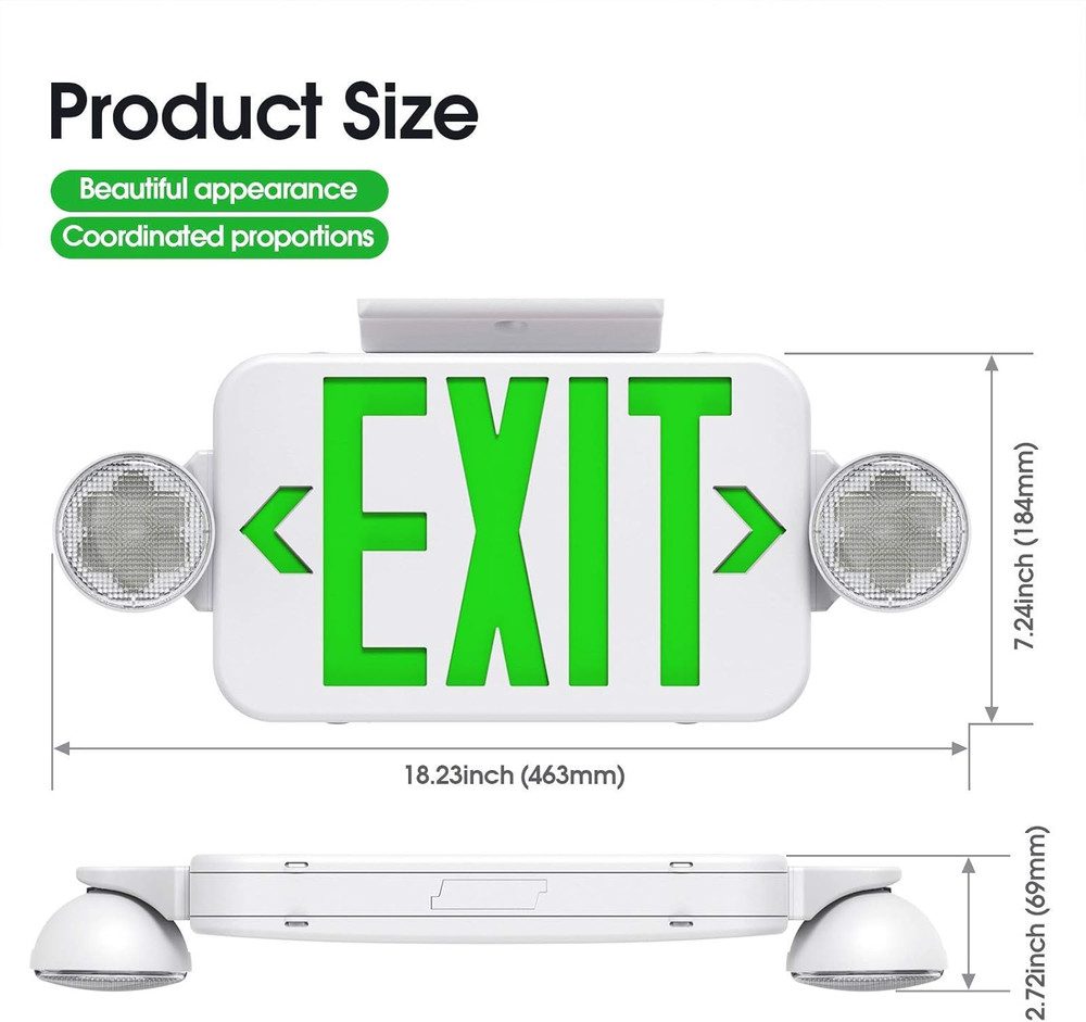 Green Led Exit Sign Emergency Light Combo Adjustable Two Head, Double Sided and