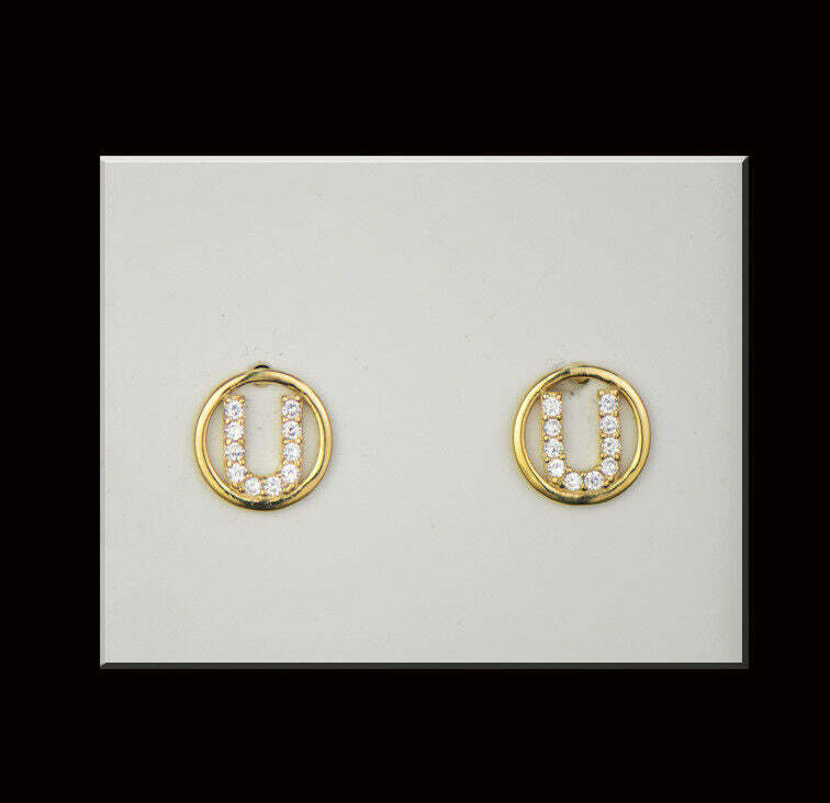 14k Yellow or White Gold Round Initial Letters CZ Stud Earrings