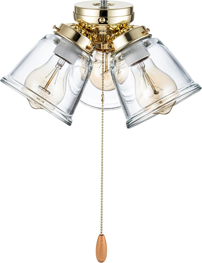 22015-1, Three-Light Ceiling Fan Light Kit with Pull Chain, Polished Brass Finis