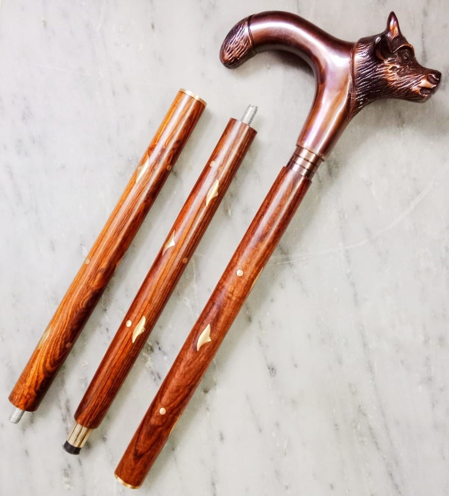 Walking Stick Wolf Brass Handle Wooden Stick