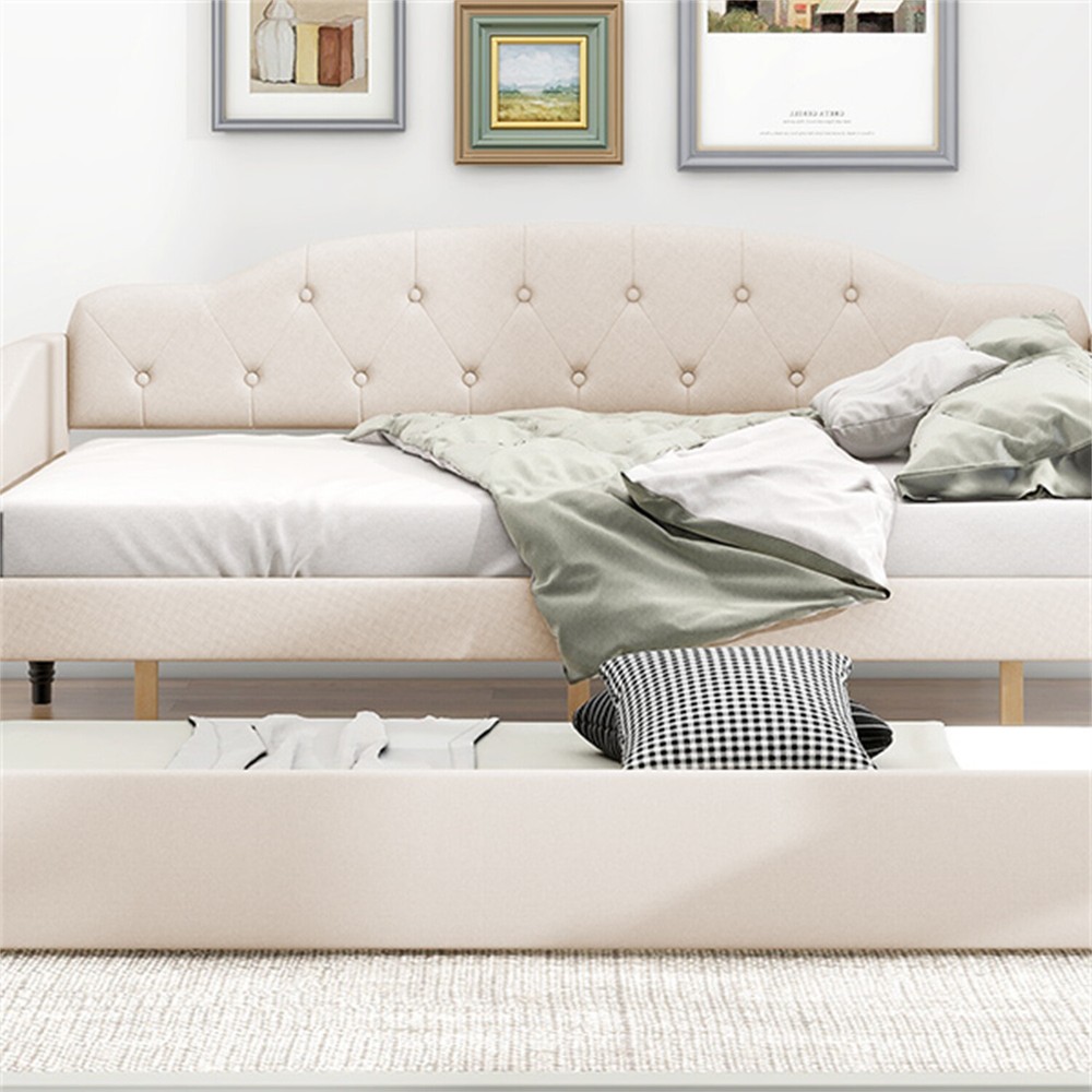 Full Size Daybed with Pull-Out Trundle Bed Upholstered Bed Frame Sofa Bed Beige