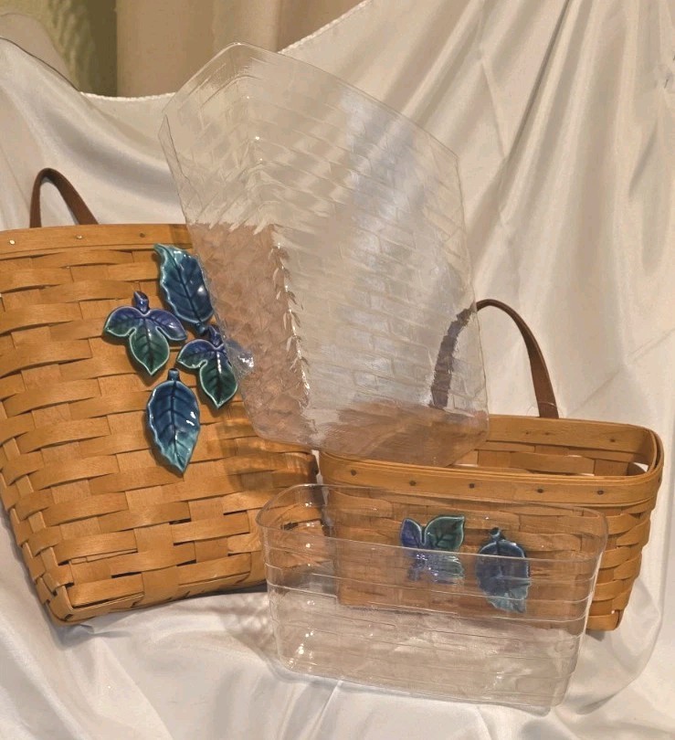 LANGABERGER 2-BASKETS THIN MAPLE W/CERAMIC(ADED)DECOR &PLASTIC LINER 2000 USA