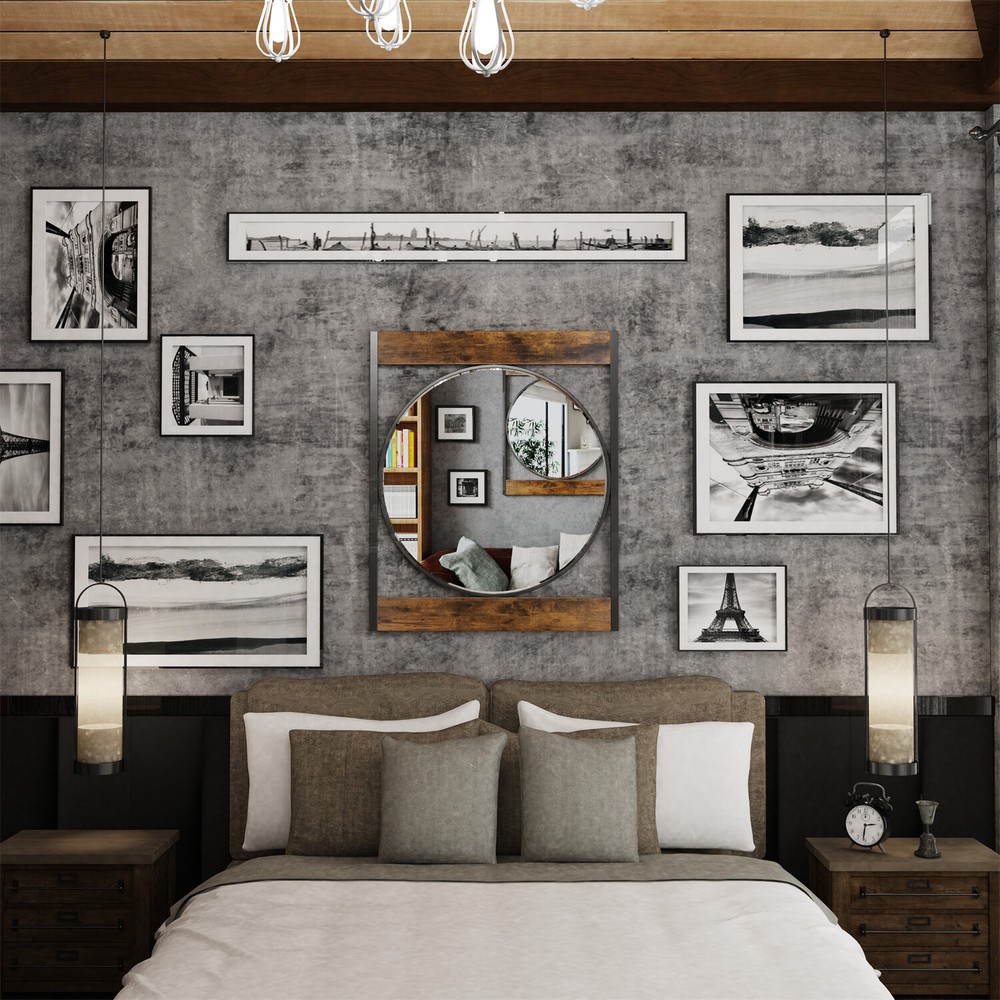 Rectangle Industrial Metal Wood Frame Wall Accent Mirror Wall Mounted Decorative