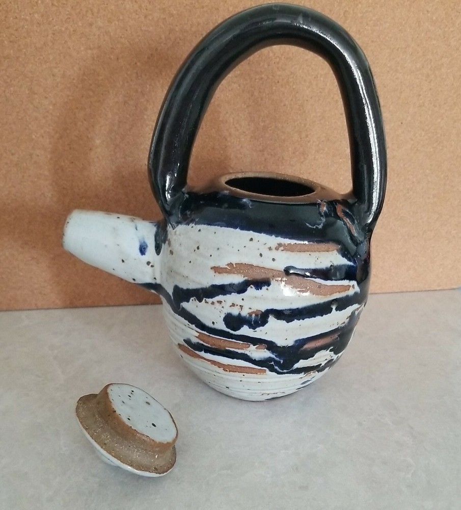 Drip Glazed Clay Teapot Handmade Signed Molded Handle Stubby Spout