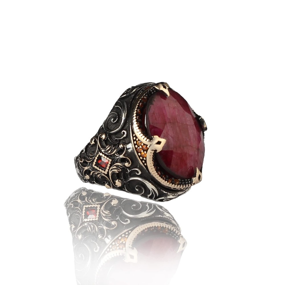 Ruby Stone Men Silver Ring, 925 Sterling Silver Ruby Gemstone Ring, Handmade