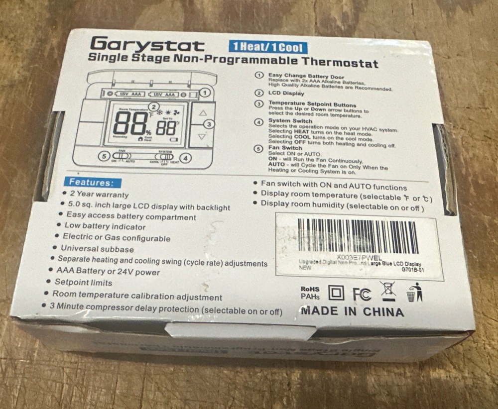 Garystat Thermostat Digital Non Programmable G701 - 1 Heat 1 Cool