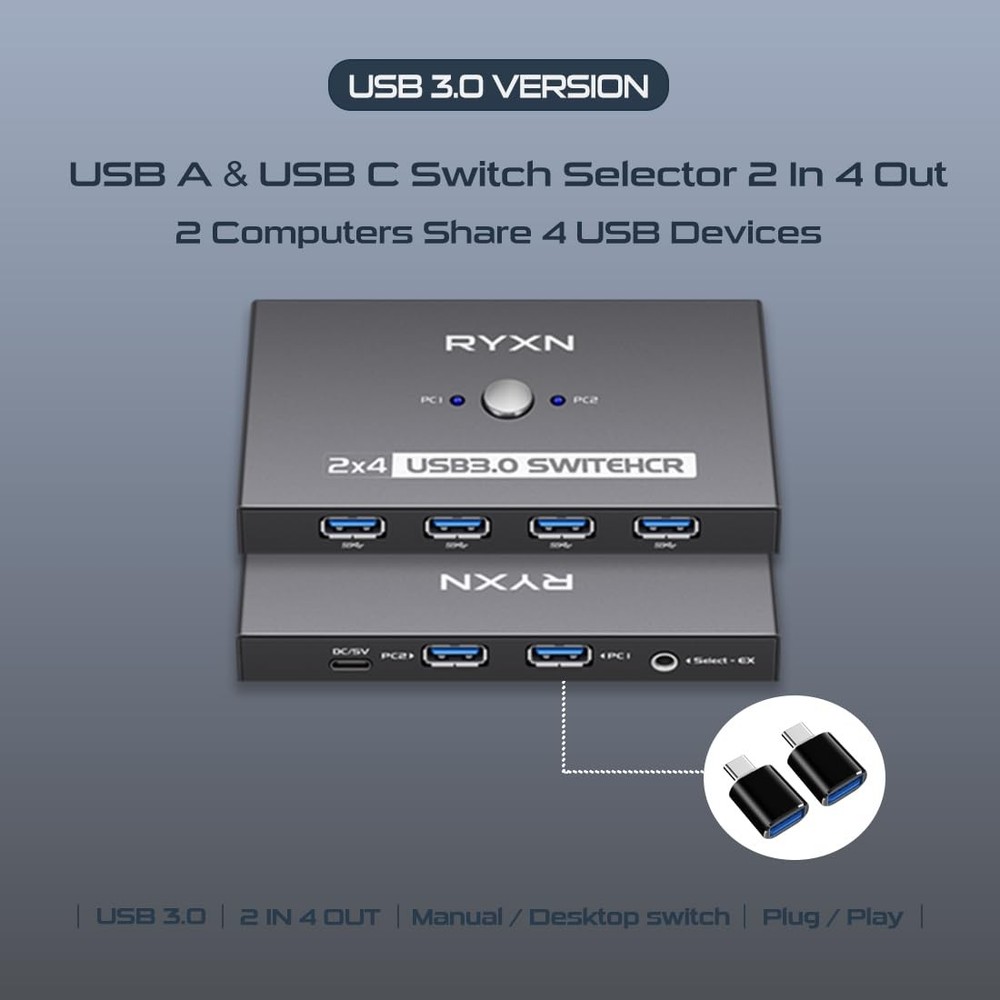 USB Switcher 2 Computers, USB C Switch 2 Computers Share 4 USB 3.0 Devices, w...