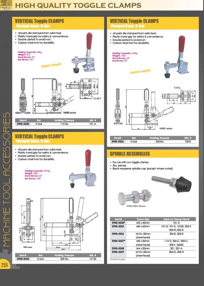 HORIZONTAL SOLID U-BAR FLANGED BASE TOGGLE CLAMP- 880 LBS CAPACITY (3900-0375)