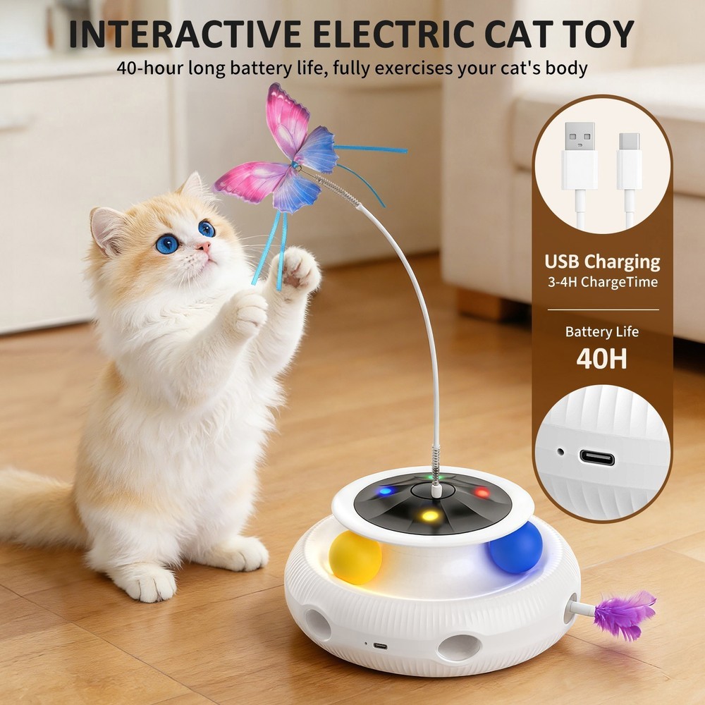 USB Cat Toy, 3-in-1 Automatic Interactive Electronic Moving Ambush Feather Toy