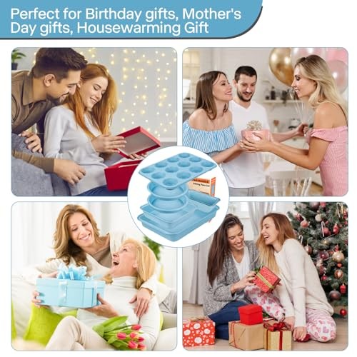 Baking Pans Set Non Stick, Bakeware Sets Stackable, Oven Safe, 6 Piece Set Blue