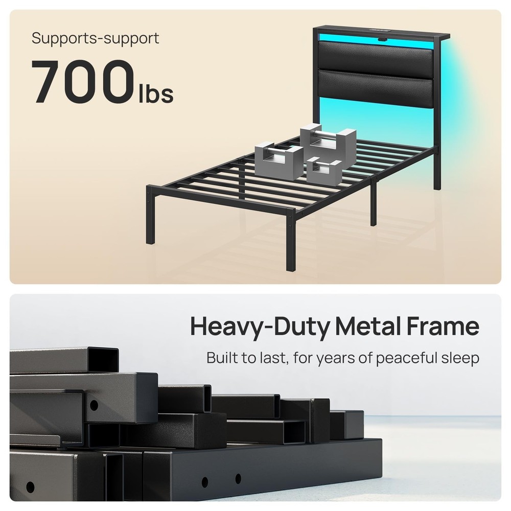 Seventable Twin Bed Frame with Upholstered Storage Headboard, Charging Statio...