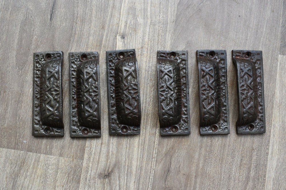 Victorian cast iron Cup cabinet drawer door knobs handles pull rustic 6 pcs