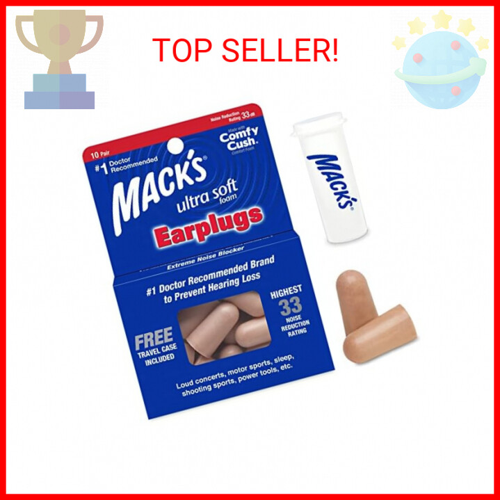 Mack's Ultra Soft Foam Earplugs, 10 Pair - 33dB Highest NRR, Comfortable Ear Plu
