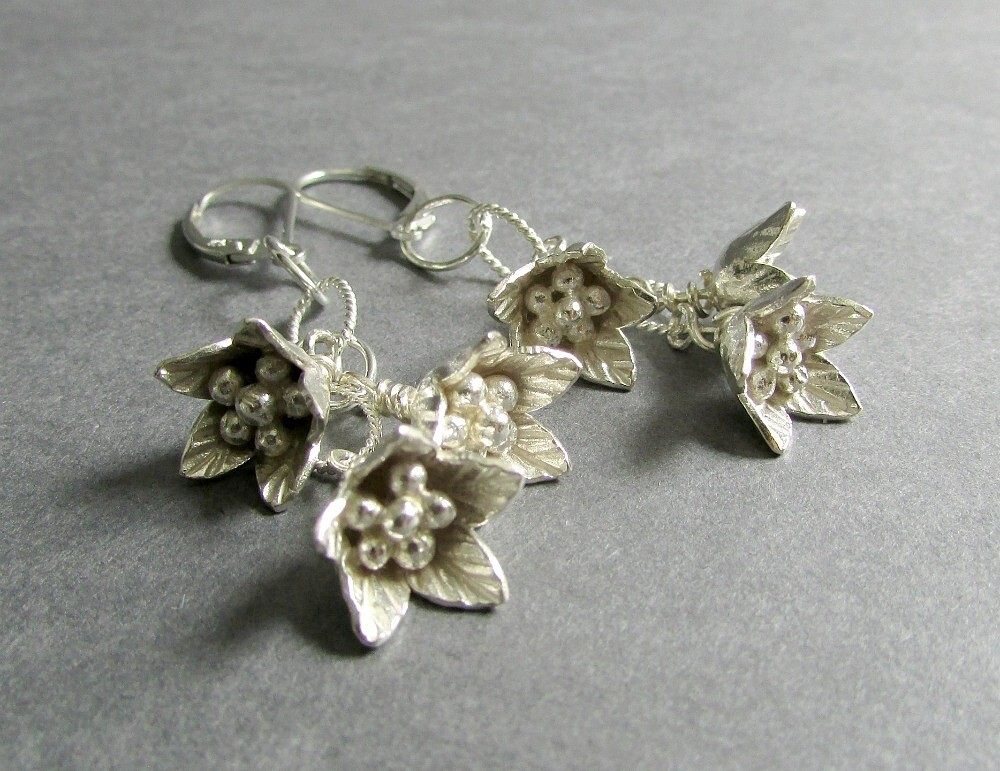 Handmade FINE SILVER Flower Dangle Earrings STERLING SILVER Lever Backs