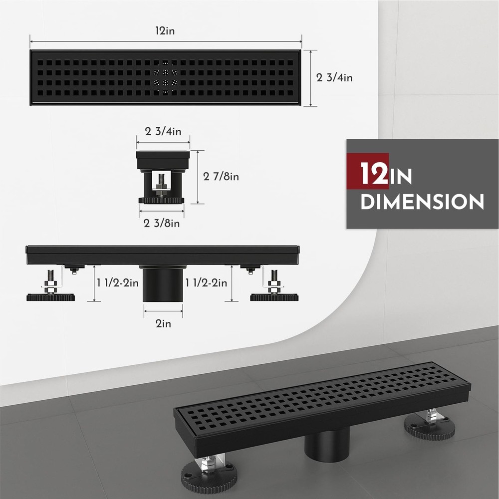 12 Inch Shower Linear Black Drain Rectangular Floor Drain with Accessories Squar