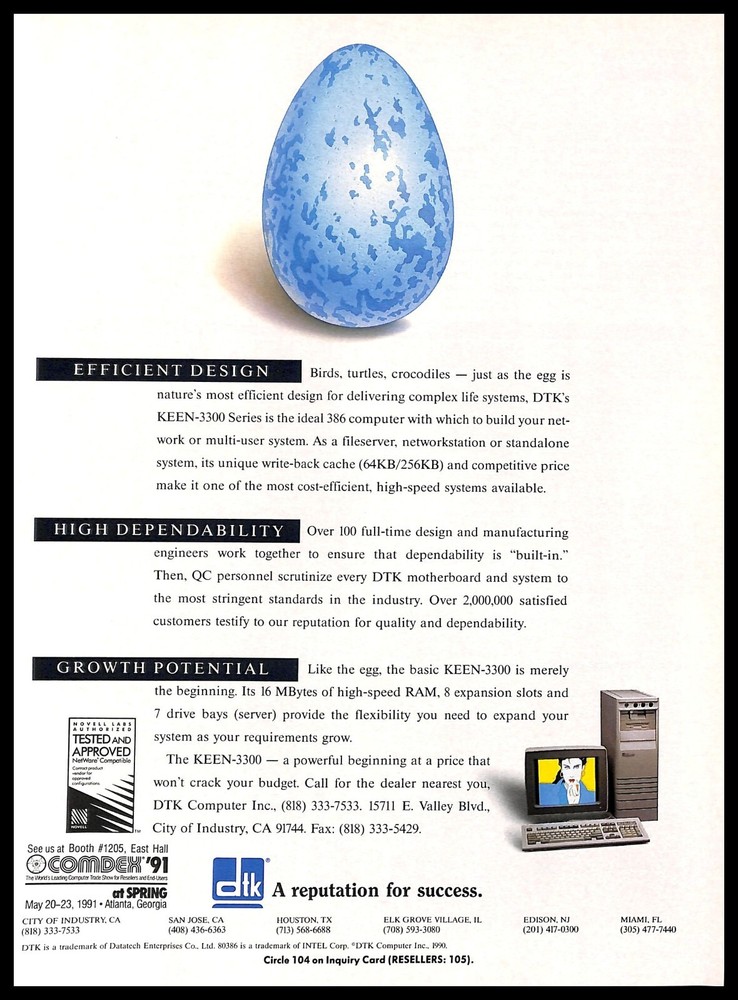 1991 DTK KEEN-3300 Computer Systems PRINT AD Retro Computers PC Blue Egg