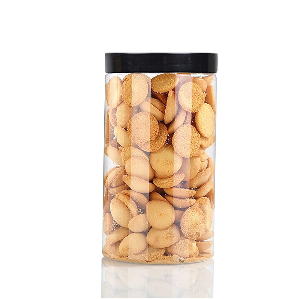 43oz (1280 ml) Clear Plastic Jars with Smooth Black Lids and Labels (6 Pack),...