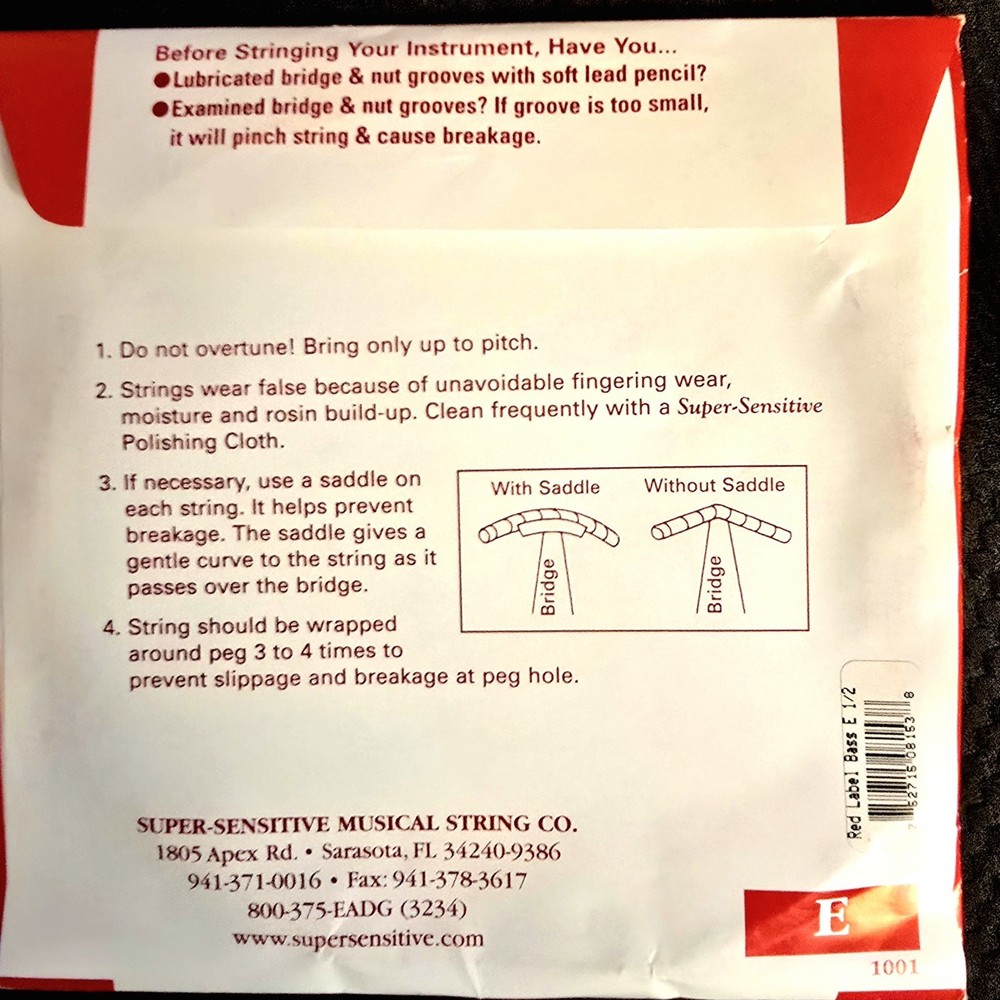 Red label Upright String Bass E String, New