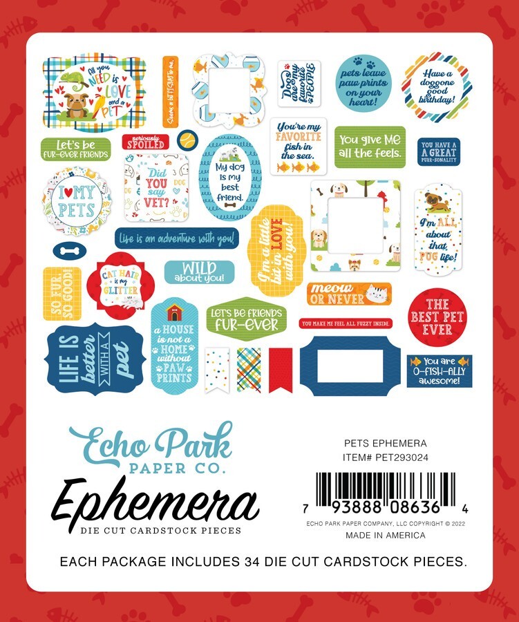 Echo Park PETS *2 Packs* Ephemera Die Cuts + Frames & Tags 68p Cat Dog
