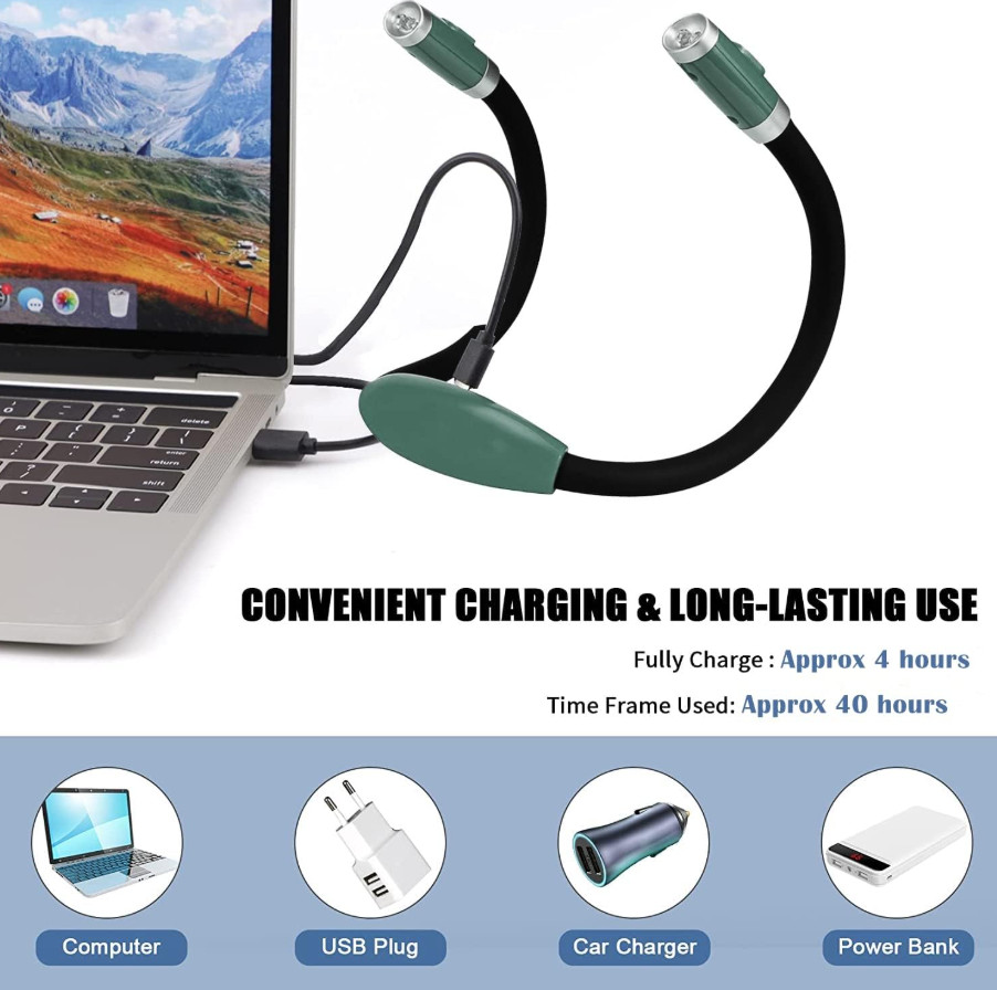 Rechargeable 4 LED Neck Reading Light Adjustable Brightness & Bendable Arms, USA