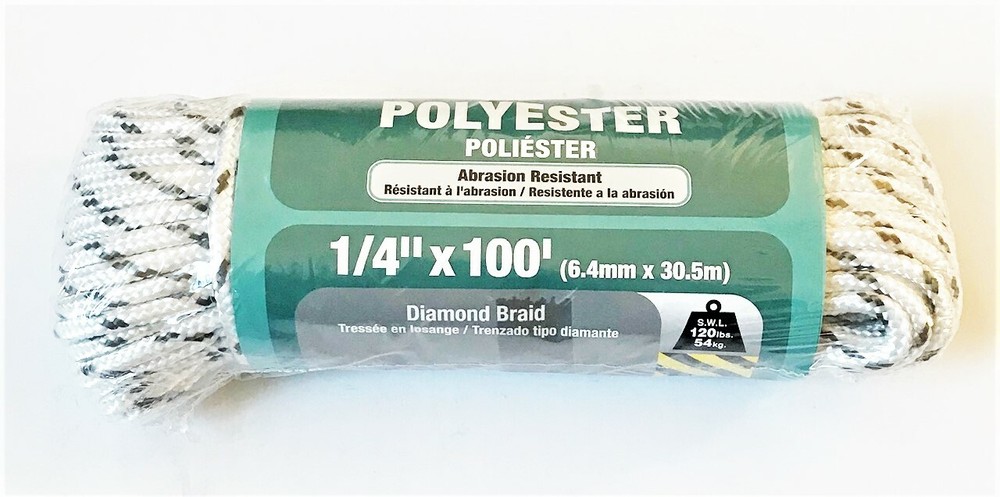 MIBRO KINGCORD 1/4" X 100" DIAMOND BRAID POLYESTER GRAY/WHITE PULL STARTER ROPE