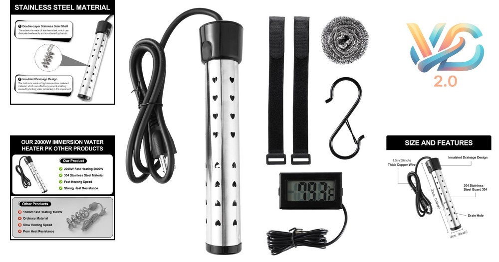 2000W Stainless Steel Water Heater with Digital Thermometer Portable Bath Poo...