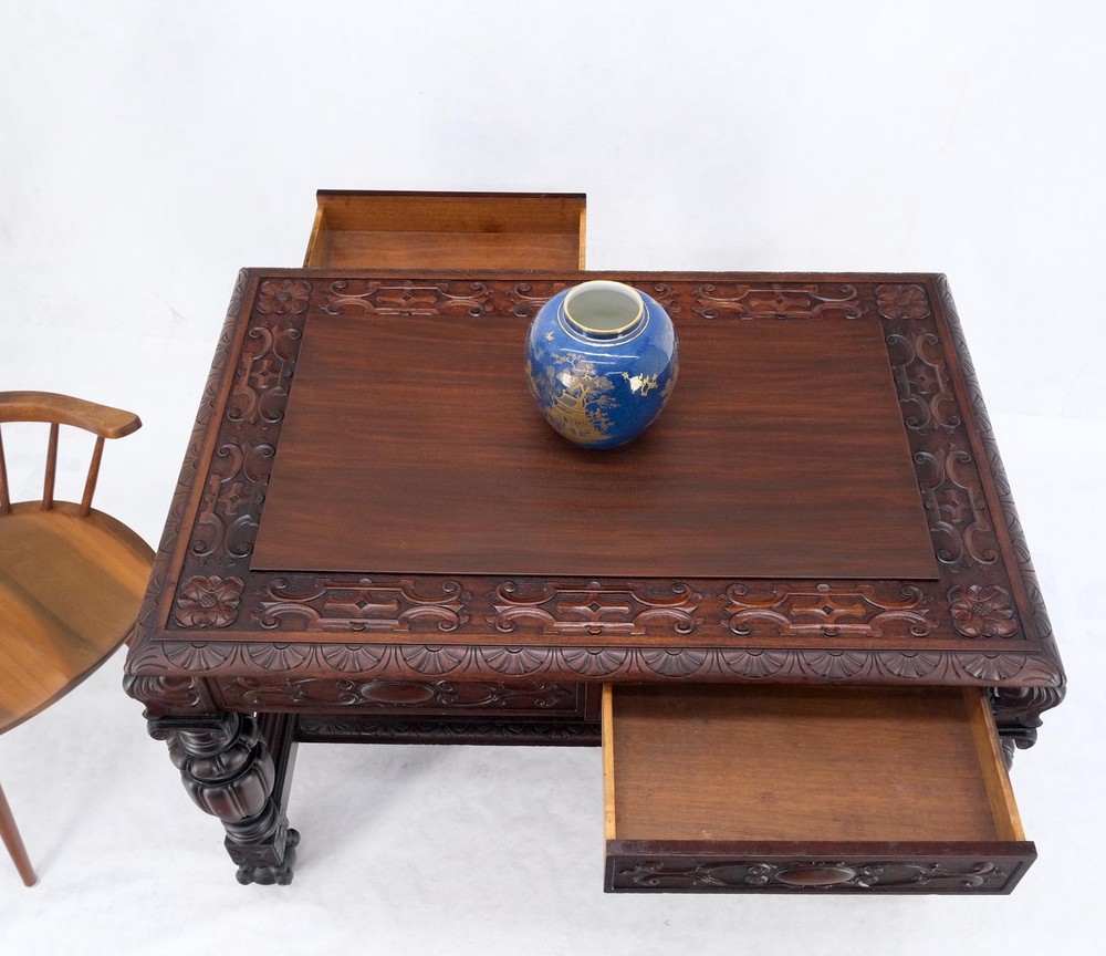 Jacobean Finely Carved Massive Solid Mahogany Partners Desk