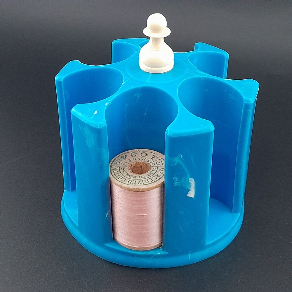 Vintage Marbled Blue Plastic Rotating Thread Spool Carousel Caddy Holder