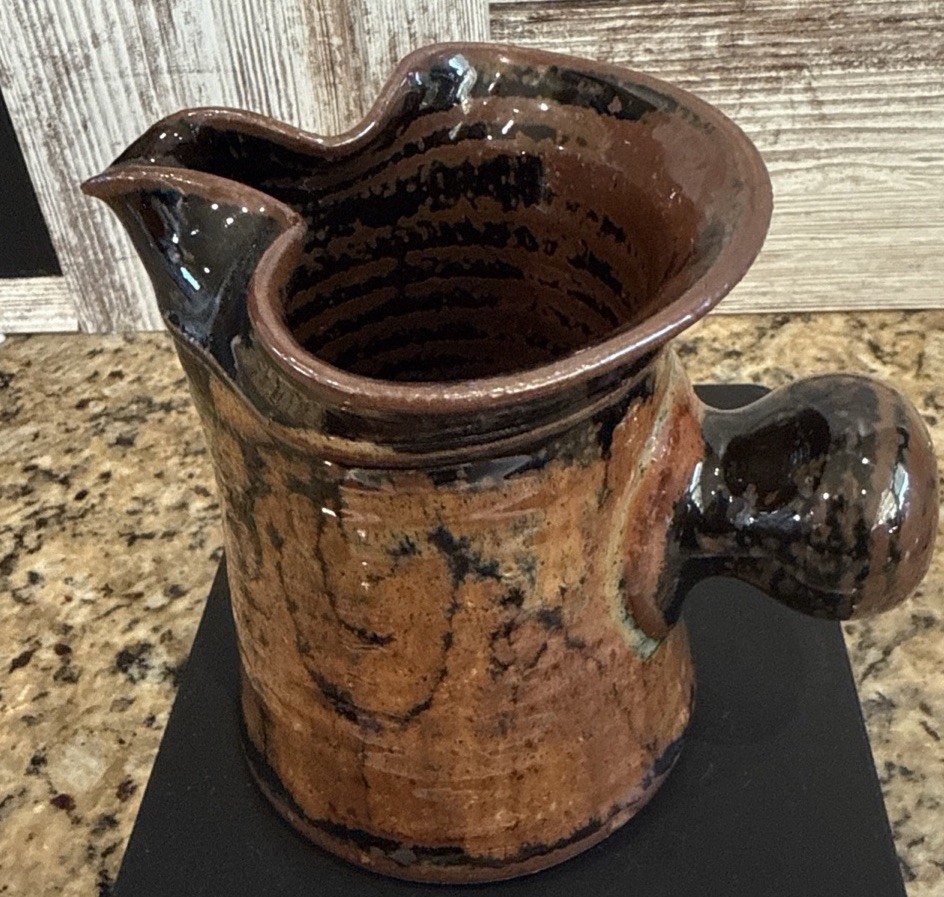 Handmade Pottery Pitcher, Brown/Rust Glaze, Knob Handle, Signed Rustic