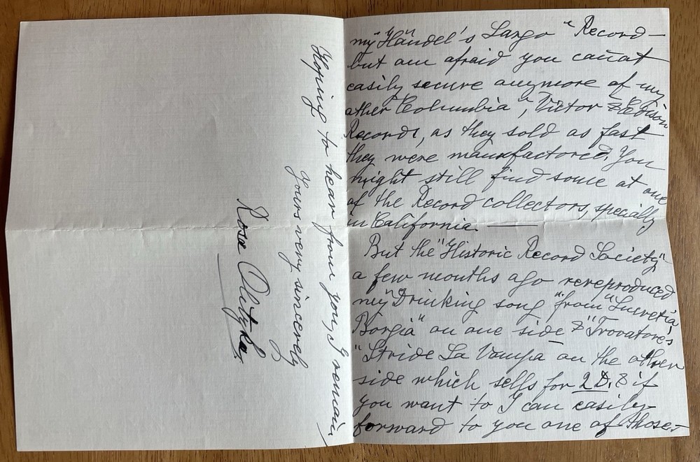 German Opera Singer Rosa Olitzka Autograph Letter (Good Content)