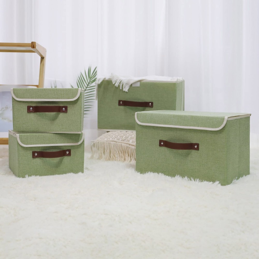 Storage Bin Small Green PU Leather Handles PP Plastic Board Lidded