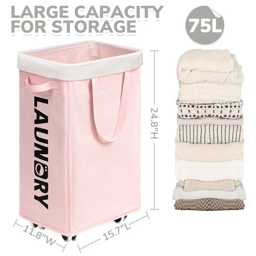 Slim Laundry Hamper with Wheels 75L, Collapsible Rolling Large 1-Pack Pink