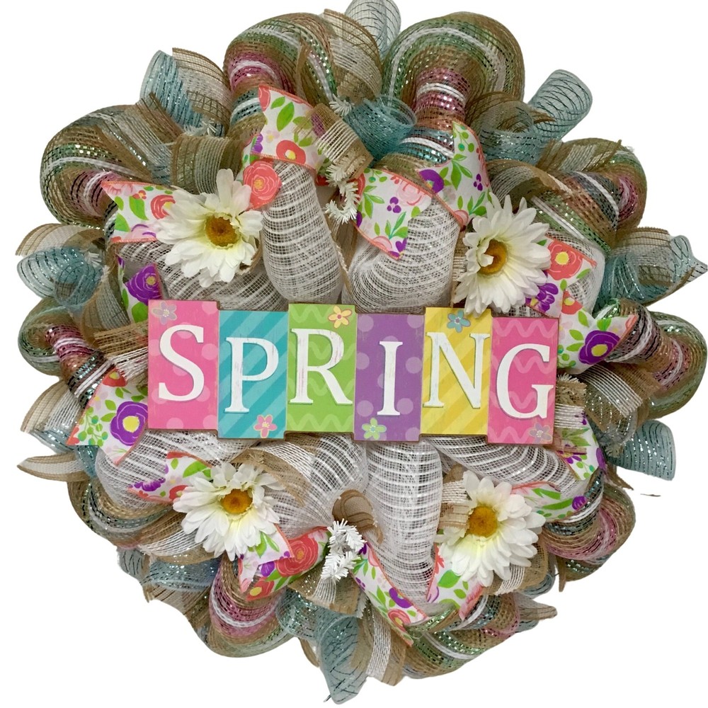 Pastel Spring Wreath With Daisies Handmade Deco Mesh