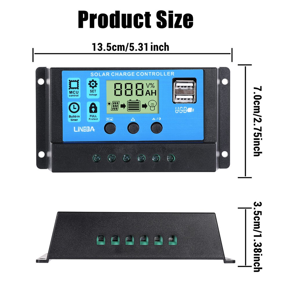 30A PWM Solar Panel Charge Controller 12V/24V Battery PV Regulator 2 USB Auto
