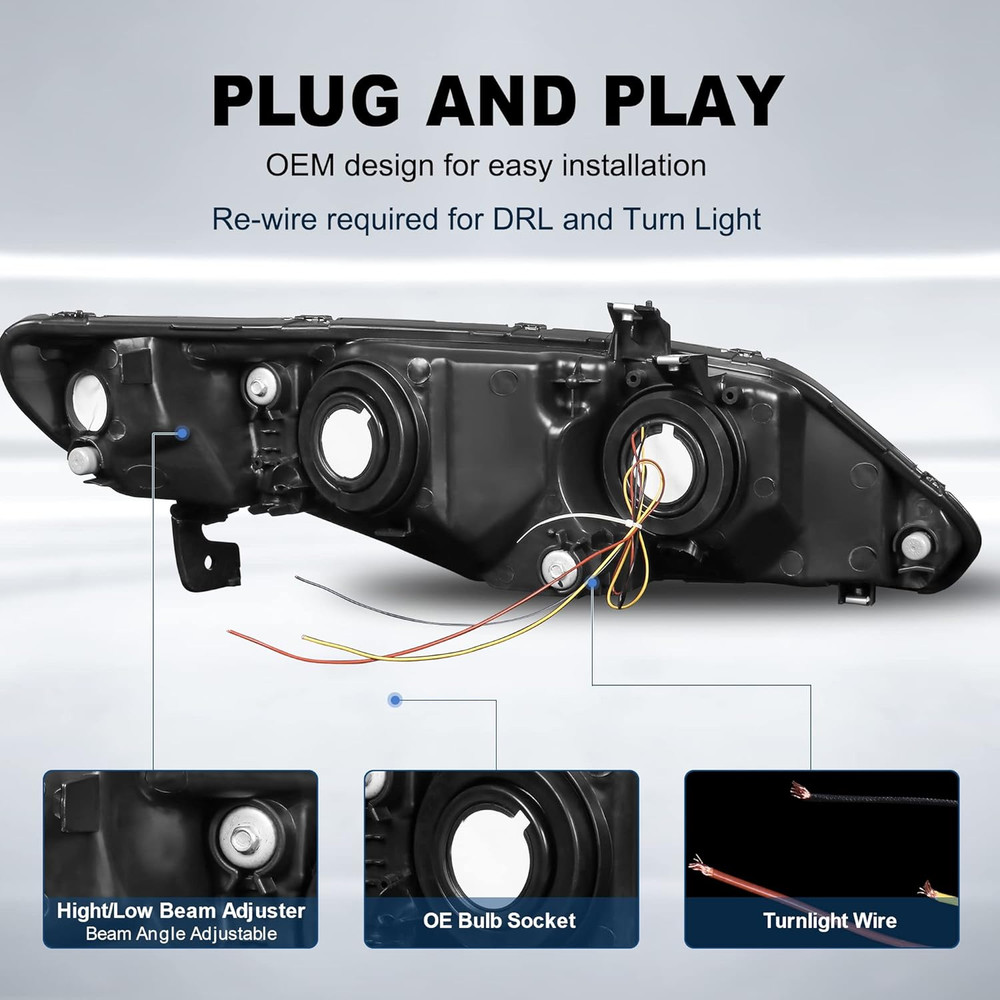Headlight Assembly Compatible with Honda Civic 2006-2011 Front Lamp with Sequent