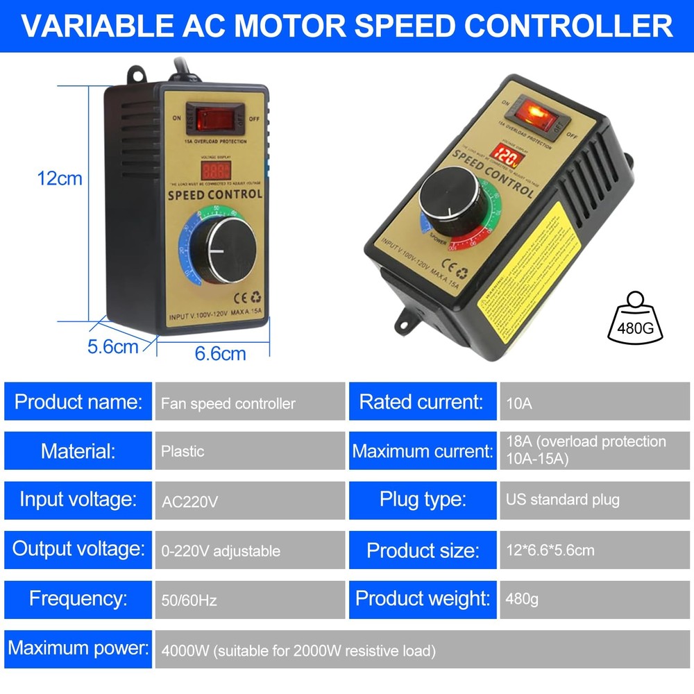 Variable Voltage Regulator 120V 15A 4000W AC Motor Speed Controller Dimmer