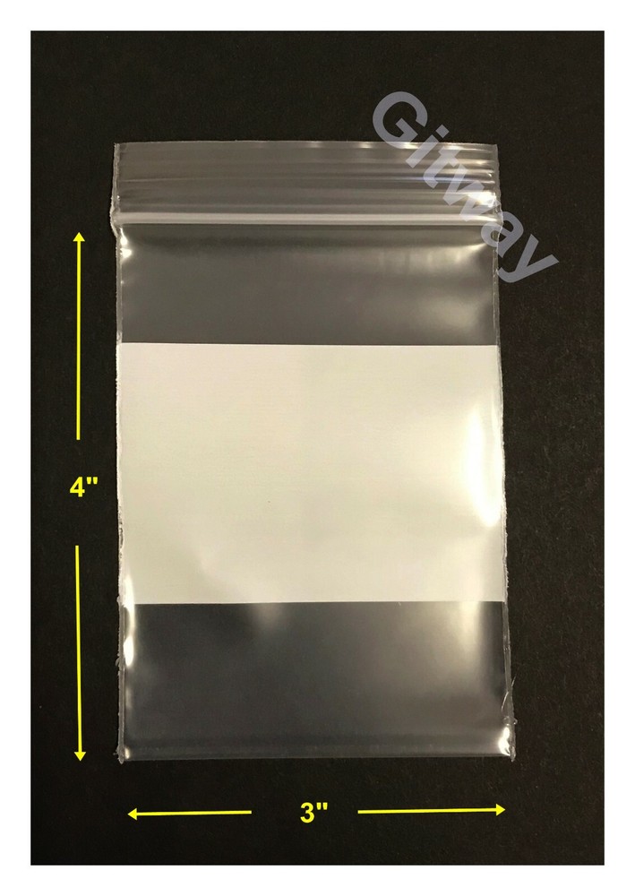 3" x 4" White Block Writeable Resealable Zip Top Lock Clear Plastic Bags 4miL