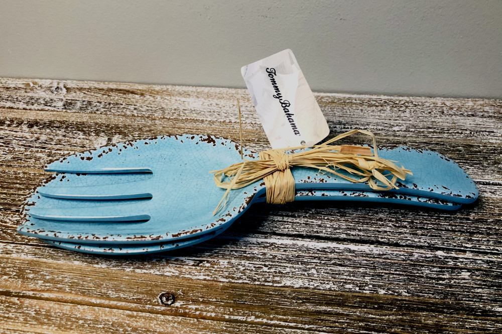 Tommy Bahama Salad Server Set Spoon Fork Rustic Turquoise Blue Crackle NEW