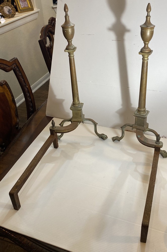 Federal Style Andirons For Fireplace Solid Brass & Cast Iron 25” H
