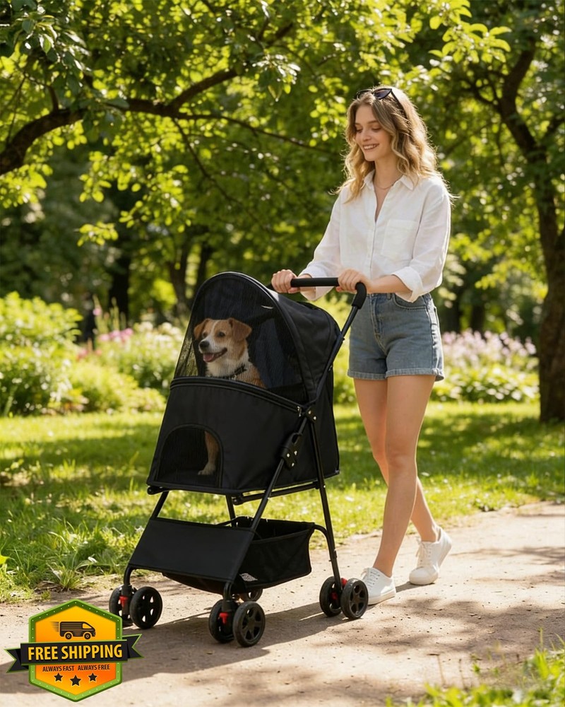 Pet Stroller Small Medium Dog Cat Foldable 33lbs Black