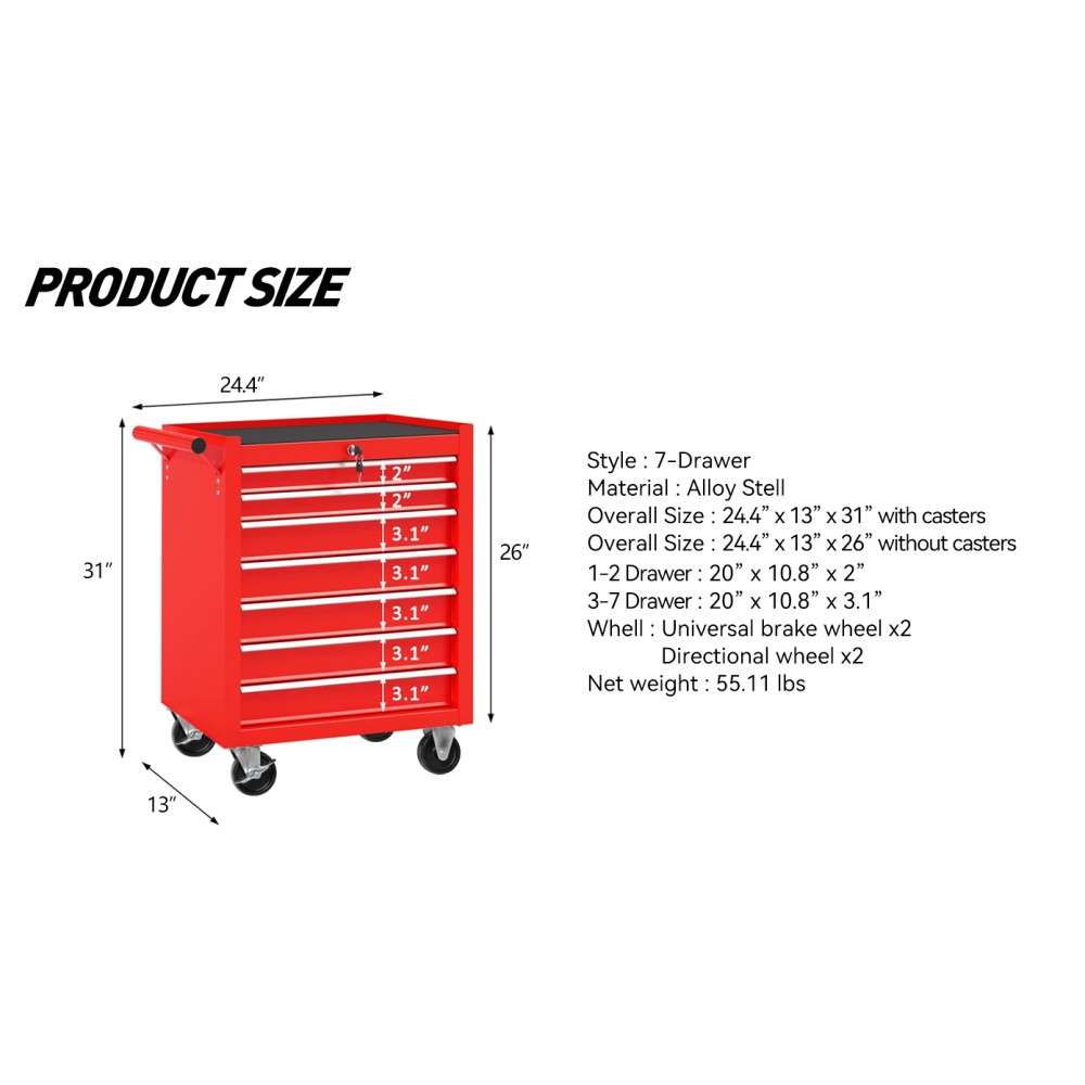 Rolling Tool Chest 7 Drawers Tool Box Lockable Tool Storage Cabinet for Garage