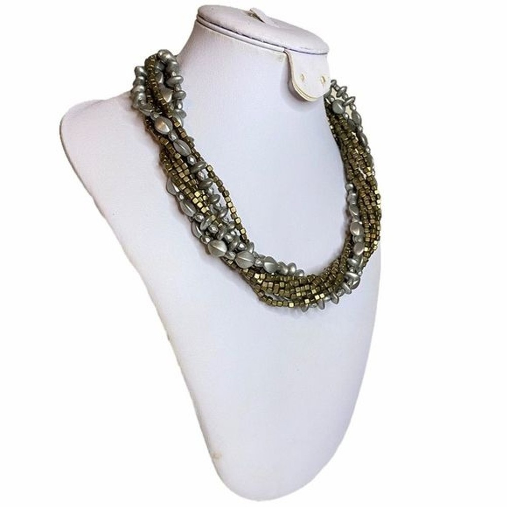 PREMIER DESIGNS Gray + Green? 9 Strands Beaded Statement Matte Silver Necklace