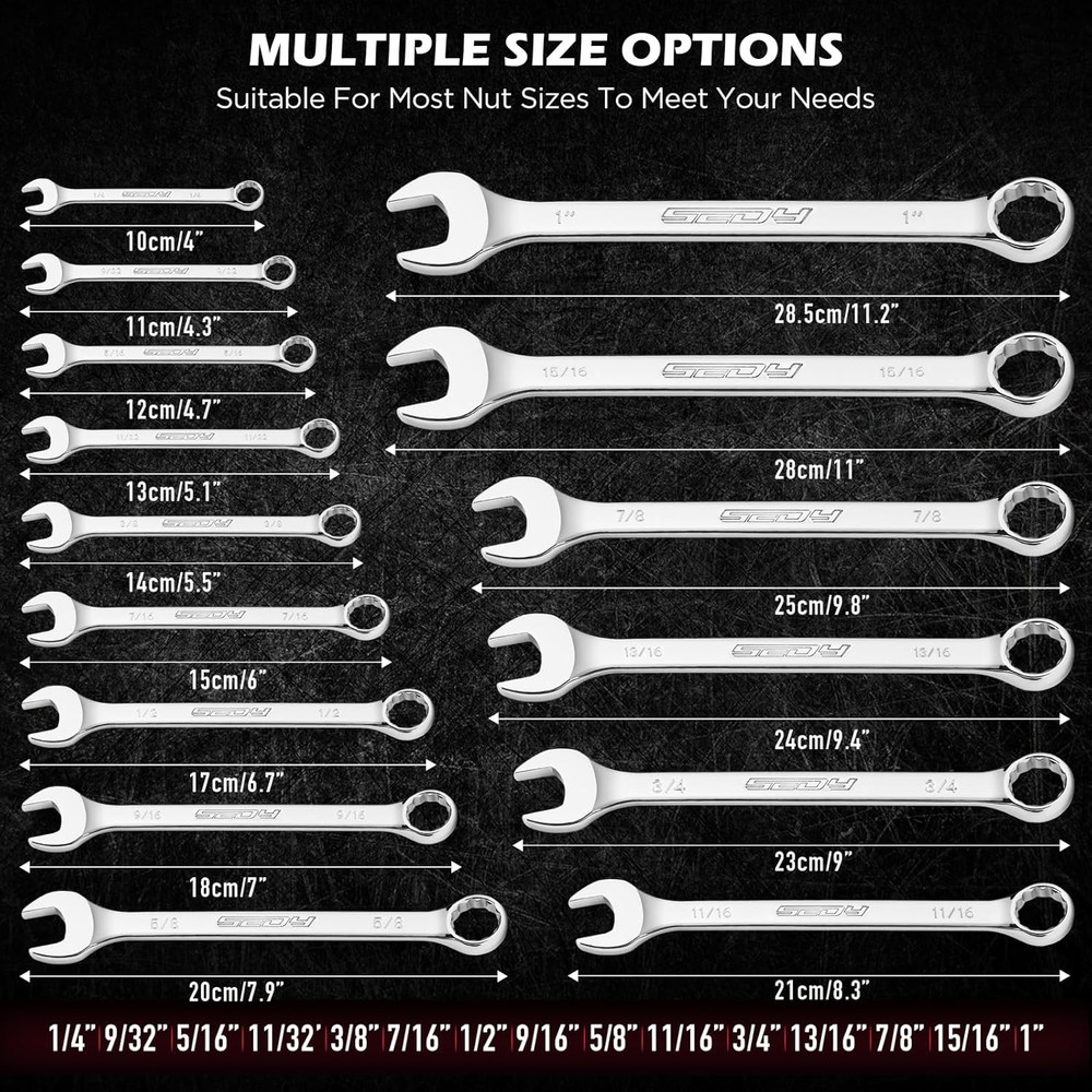 15 Piece SAE Combination Wrench Set 1/4''–1'' 12-Point Open End and Box End