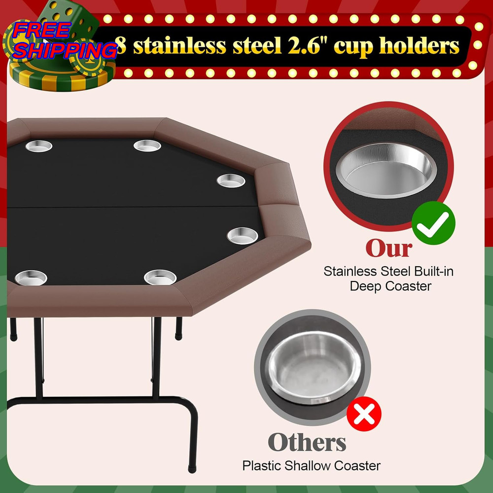 8 Player Poker Table Octagon Foldable Card Table with Locking Collapsible Legs