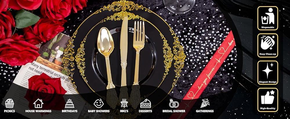 Bla and Gold Plastic Plates - Bla Disposable Dinnerware Set - Vinta